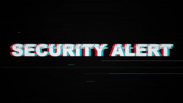 Security alert text displaying glitch digital motion effects for computer screen warning system video project animation