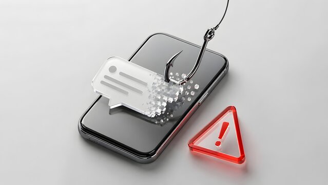Data breach and smishing warning concept with fishhook shattering glass message icon on smartphone next to red alert triangle.