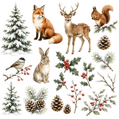 Fototapeta premium Watercolor Winter Woodland Clipart Set with Forest Animals and Snowy Pine Trees