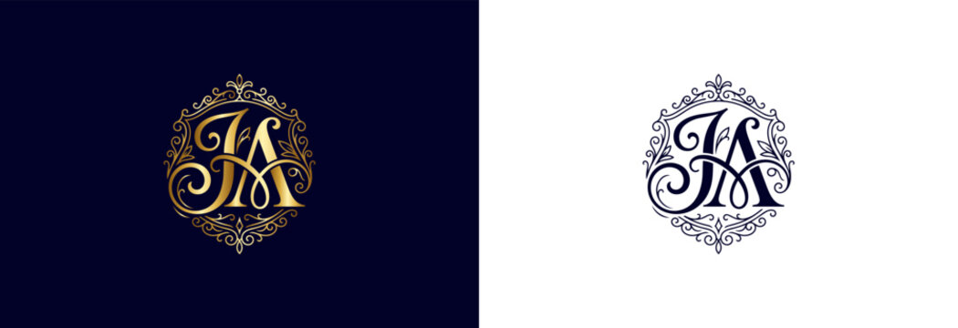 Elegant monogram JA gold and navy luxurious emblem for branding and design.