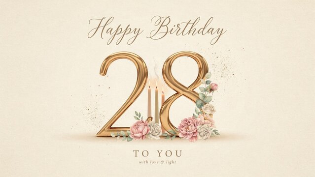 Elegant 28th birthday greeting card, golden 3D number 28 with floral accents, luxury anniversary celebration background