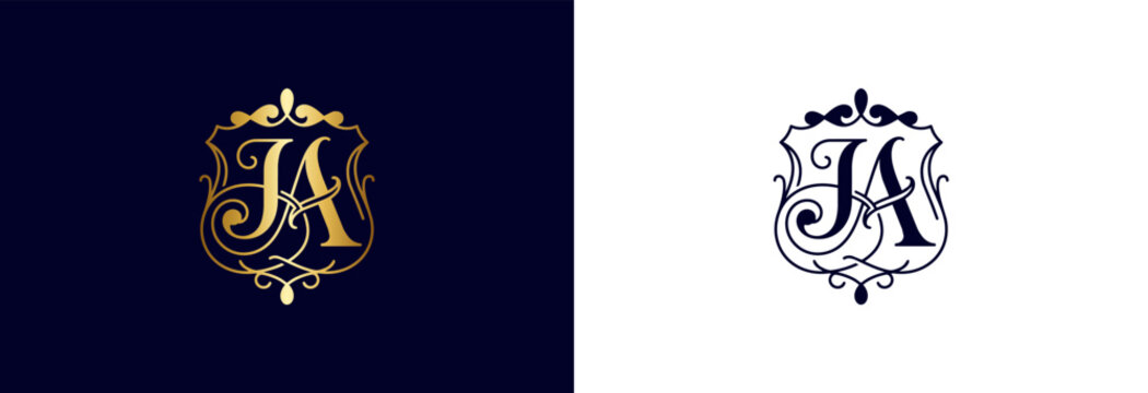 Classic monogram JA shield emblem navy and gold for luxury branding.