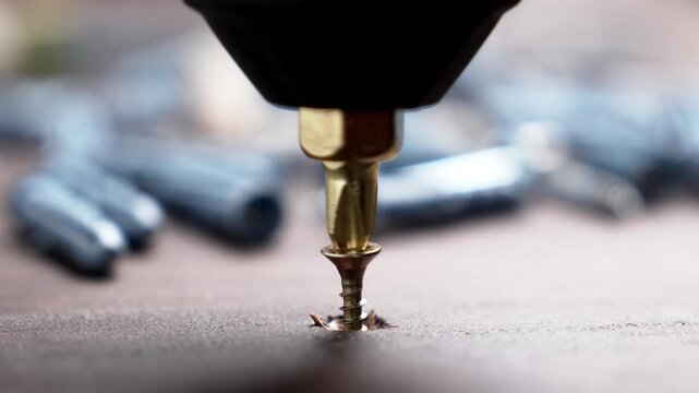 Cordless screwdriver removing a screw from a wooden board. Process of unscrewing with a golden bit during disassembly or repair work