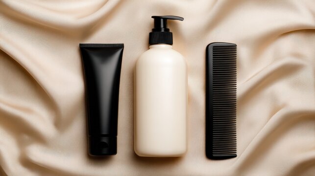 Minimalist skincare set with a black tube, white pump bottle, and black comb on a silky beige fabric background.