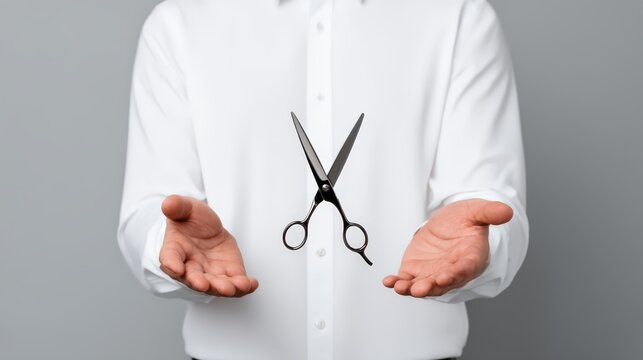 A person in a white shirt appears to levitate a pair of scissors between their open hands against a gray background.