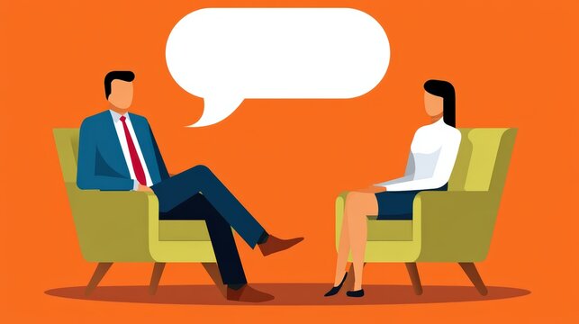Two people sit in chairs facing each other having a conversation, with a blank speech bubble above them on an orange background.