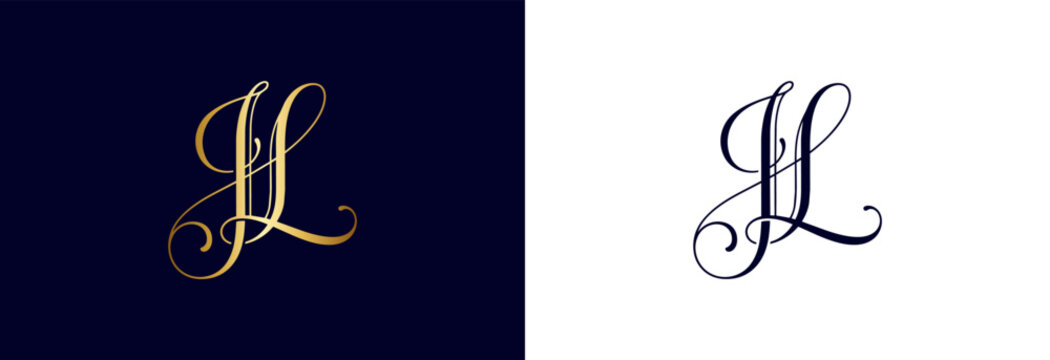 Elegant intertwined gold JL monogram on dark blue background for branding.