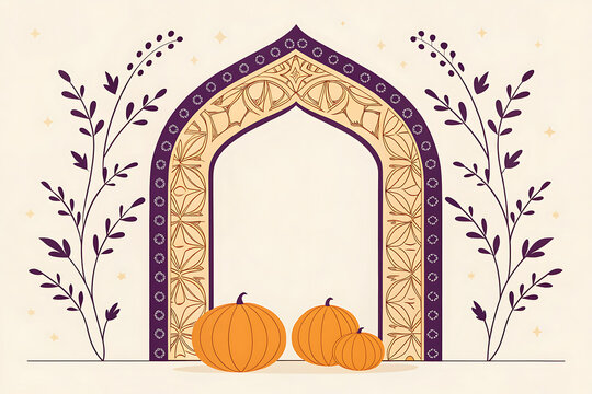 Traditional Indian pointed arch with ornate Mughal-inspired borders, small Halloween pumpkins at the base