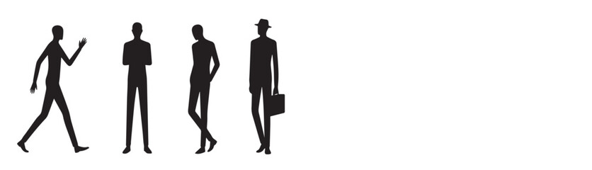 Obraz premium Four Male Silhouette Figures in Different Professional and Casual PosesCollection of four black male silhouette figures in different poses, including walking, standing with crossed arms, casual stan