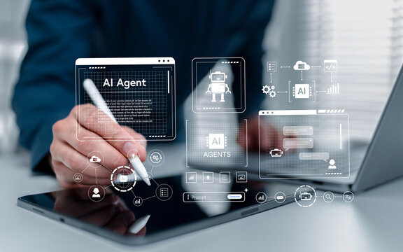 Business professional using tablet with ai agent interface for automated workflow, intelligent virtual assistant and digital business technology