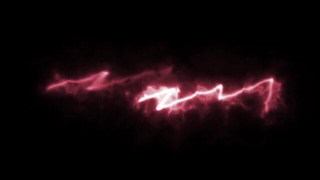 Red lightning bolt features electric glowing energy lines flickering with subtle smoke on black background. Seamless loop. 4K animation.