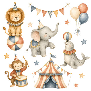 Watercolor Circus Animals Clipart Set with Cute Lion Elephant Seal and Monkey Party Decor