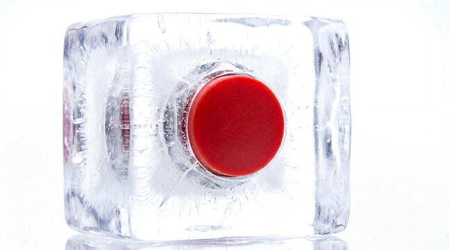 Red button frozen inside a clear ice cube isolated on white background