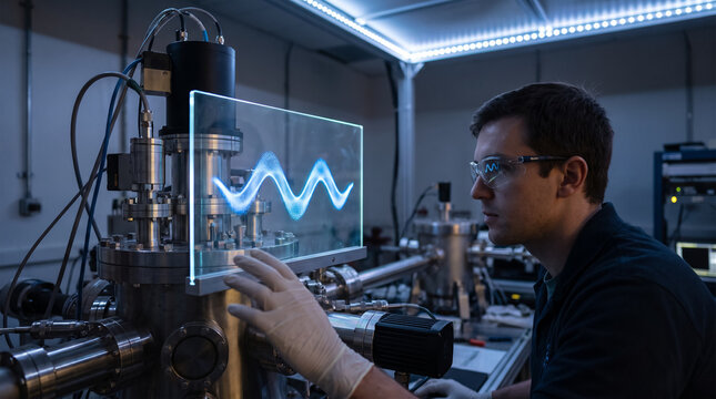 Male scientist analyzing quantum wave data on futuristic transparent screen in modern laboratory. Concept of quantum computing, science.