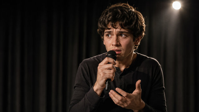 Nervous young man speaking into microphone on dark theater stage during performance. Concept of stage fright, public speaking, speaker. Copy space.