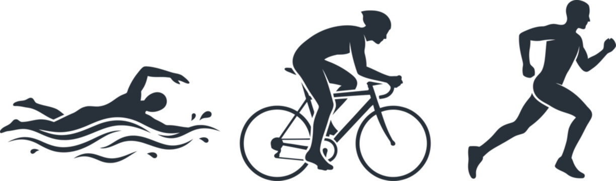 Triathlon silhouette icons featuring swimming cycling and running athletes set as a sports vector illustration triathlon silhouette