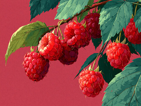 Cluster of ripe, plump red raspberries hang from leafy branches, textured vintage grain‑style artwork against a solid deep mauve‑pink background.