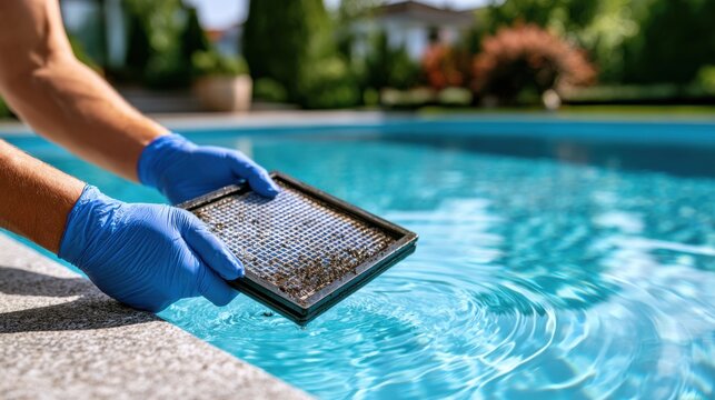 Blue-gloved technician examines a dirty pool filter against clear turquoise water, highlighting maintenance.