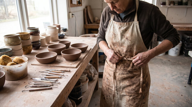 Female potter tying stained apron in ceramic studio near pottery workbench with clay bowls. Concept of pottery workshop, ceramic art, ceramist.