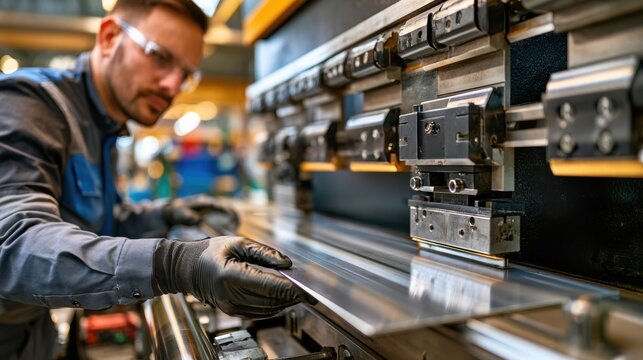 Factory worker operates precision metal bending machine, showcasing industrial engineering in a modern manufacturing setting.