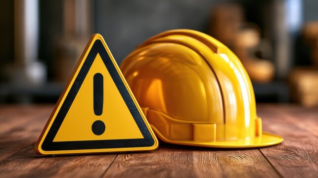 Yellow hard hat and warning sign on wooden table, symbolizing workplace safety and hazard prevention.