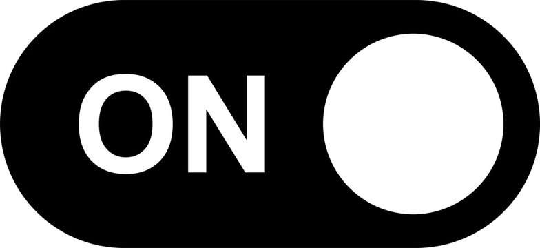 Black ON Toggle PNG Button with White Circular Switch Indicator for Interface Controls and Settings, Isolated on Transparent Background