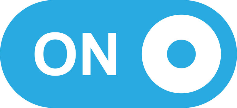 Blue ON Toggle PNG Button with White Circular Switch Indicator for Interface Controls and Active Settings, Isolated on Transparent Background