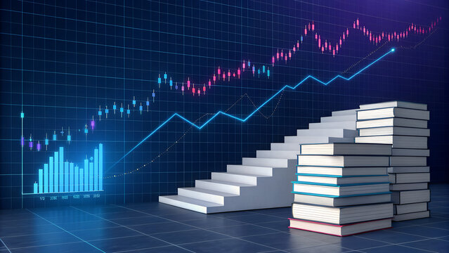 Financial growth concept featuring a rising stock market chart and a white staircase