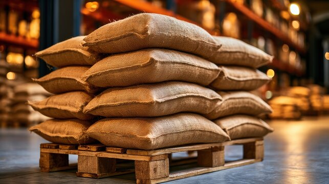 Stacked burlap sacks on a wooden pallet in an agricultural warehouse, highlighting storage solutions and sustainability.