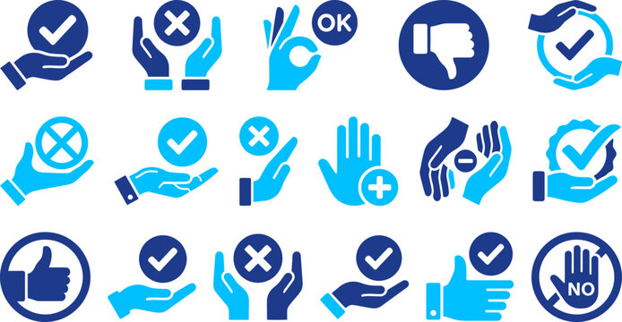 Assortment of blue and dark blue hand gesture icons signifying agreement approval disapproval and negation for use in feedback systems.