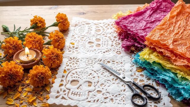 White papel picado with skull patterns, orange marigolds, and a candle on a wooden table. Traditional Mexican holiday preparations for Day of the Dead. Perfect for cultural or holiday content.