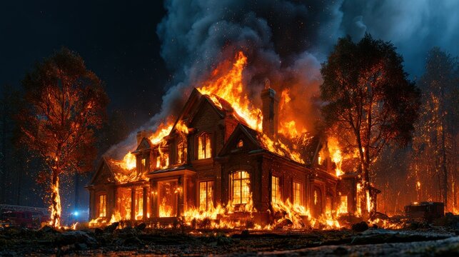 Suburban house engulfed in flames during a nighttime wildfire, surrounded by burning trees and smoke. Ideal for illustrating disaster, climate change, and emergency response themes.