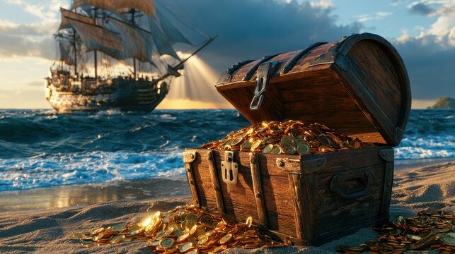 Wooden treasure chest overflowing with gold coins on a beach, pirate ship in turbulent sea, dramatic clouds, and sunbeams create an adventurous scene.