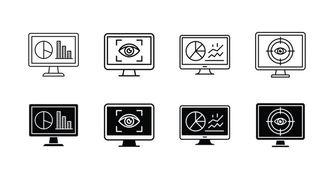 Data Analysis Monitoring Line Glyph Icon Set Computer Screen Analytics Pie Chart Target Vision Dashboard Business Financial Strategy Presentation Graphic Vector Illustration Isolated White Background