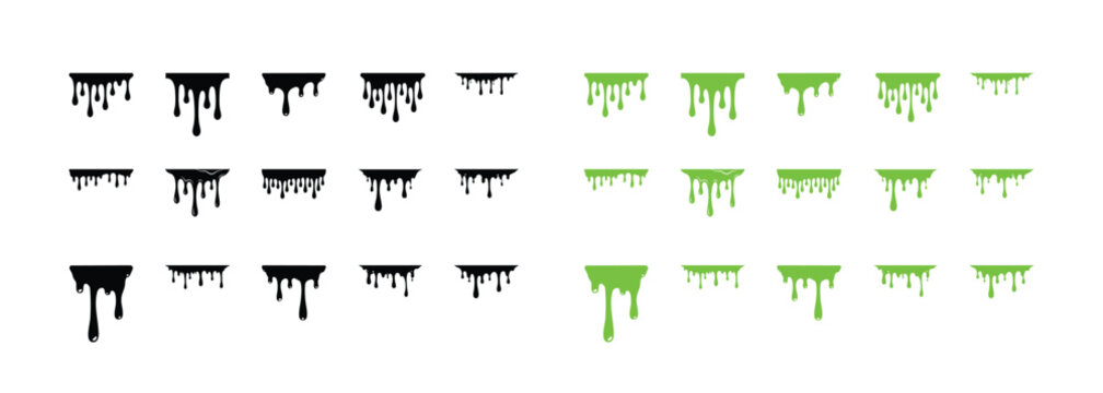Dripping Paint Slime Silhouette Set Black Green Dripping Liquid Paint Splatter Liquid Drip Border Vector Illustration Isolated White Background Graphic Element