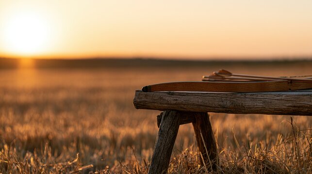 Recurve bow and arrows resting on rustic wooden bench in golden field at sunset