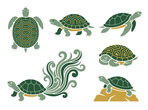 Collection of green turtle icons featuring various poses and decorative swirl patterns set