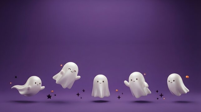A spooky and delightful halloween scene featuring adorable 3d rendered ghosts floating in a mysterious purple atmosphere perfect for seasonal