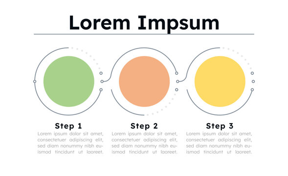 Three colored circular node empty infographic template. Horizontal linear flow layout. Vector diagram blank design with 3 steps. Editable info graphic with options. Modern data visualization
