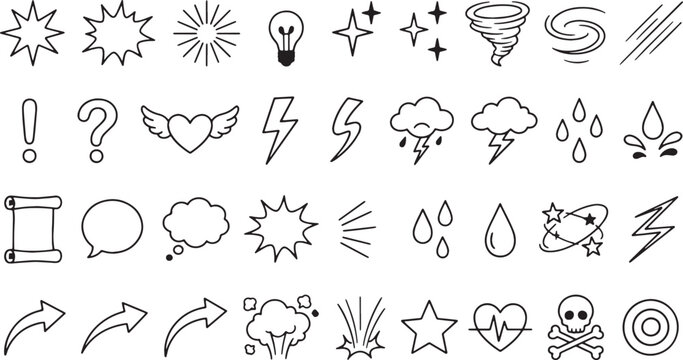 Doodle set of cartoon action effects and comic symbols, hand drawn vector icons, line art outline illustration for design elements.