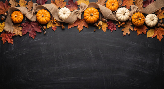 Fall harvest pumpkins and leaves decorated with burlap ribbon on chalkboard background.