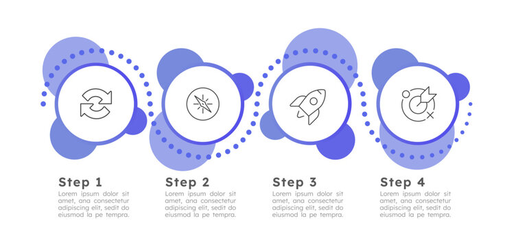 Linear process workflow infographic 4 steps. Light blue accent circles. Dotted curved connection paths. Project management. Alternating wave pattern. Editable two color line icons diagram flow