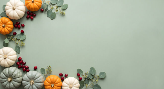Autumn harvest decoration frame with small orange white green pumpkins red berries eucalyptus leaves.