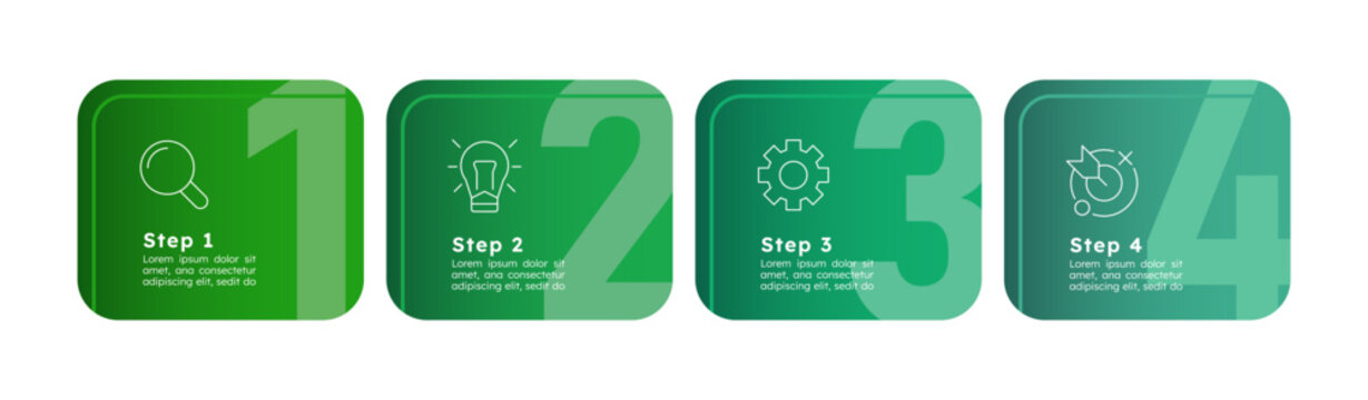 Modern professional graphic elements infographic 4 steps. Sequential numbered block sequence. Vector illustration template with thin line icons. Rectangular cards layout with outline graphics