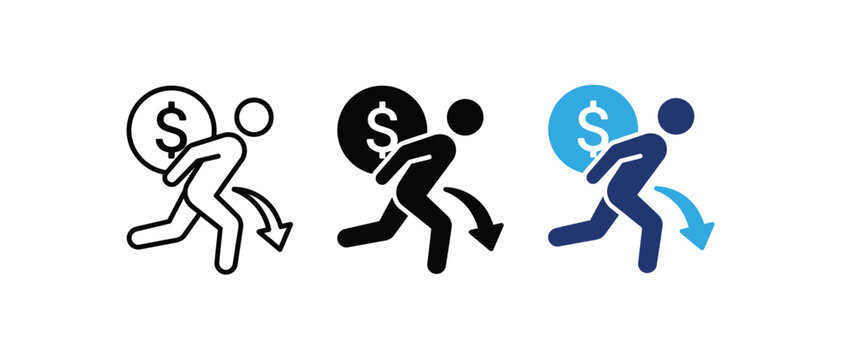 Person escaping with money icon, financial theft or robbery symbol, stolen currency run sign, wealth loss or budget drain graphic. Vector illustration