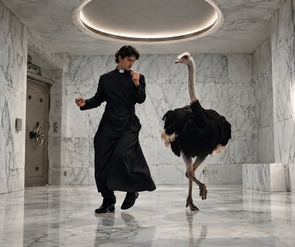 man dancing with ostrich