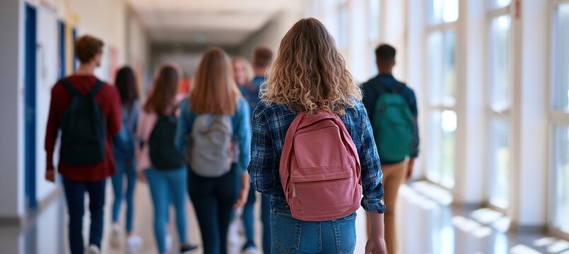 Group of students walking into bright school corridor with backpacks