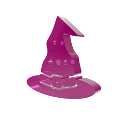 A3d rendered magenta witch hat with a belt buckle, isolated on a solid black background, glossy magic © Shabina