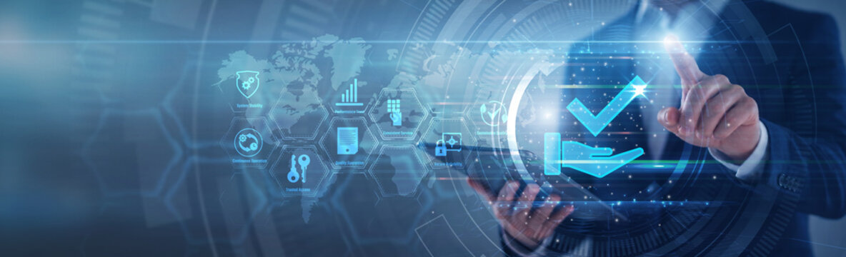 Technical engineer pointing reliability assessment. Specialist using tab analyzing system uptime metric and structural stability graph on hologram screen. Operations safety and reliability.
