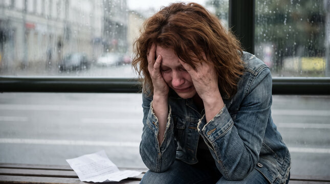 Depressed Upset Woman Crying and Holding Head at Bus Stop in Rain. Concept of depression, sad woman, grief, sorrow, mental health, emotional pain, despair.